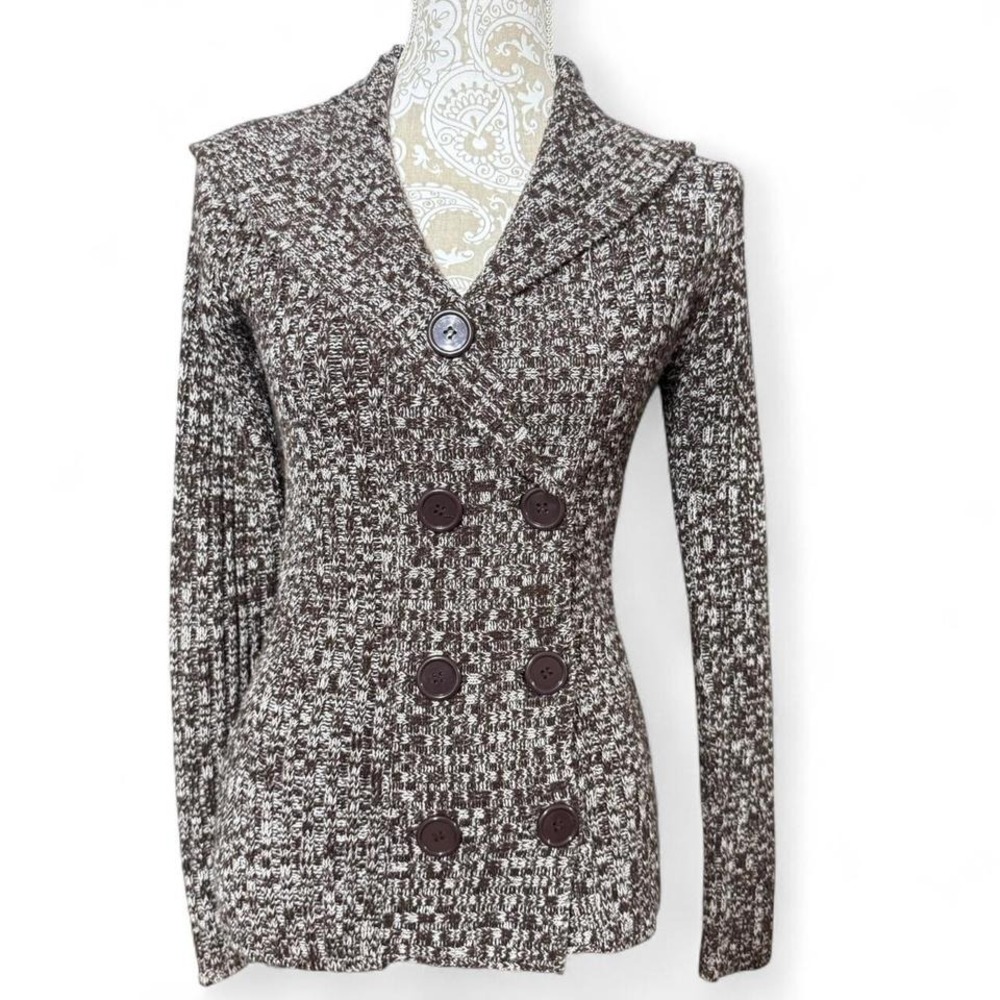 Y2K Derek Heart Brown Cardigan Neutral Cozy Fall Double Breasted Size Large